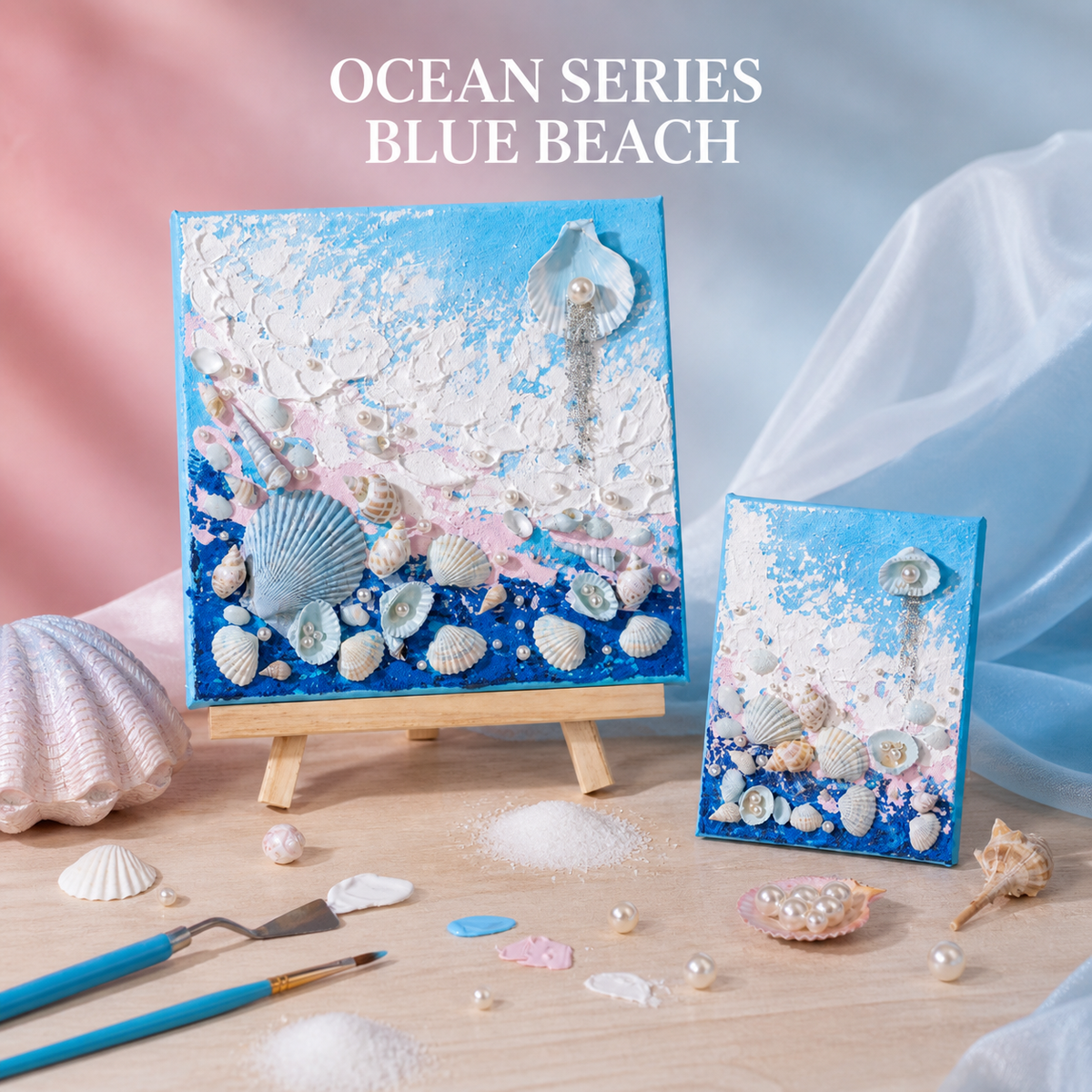Blue Beach Ocean Series quartz sand painting in medium and small sizes