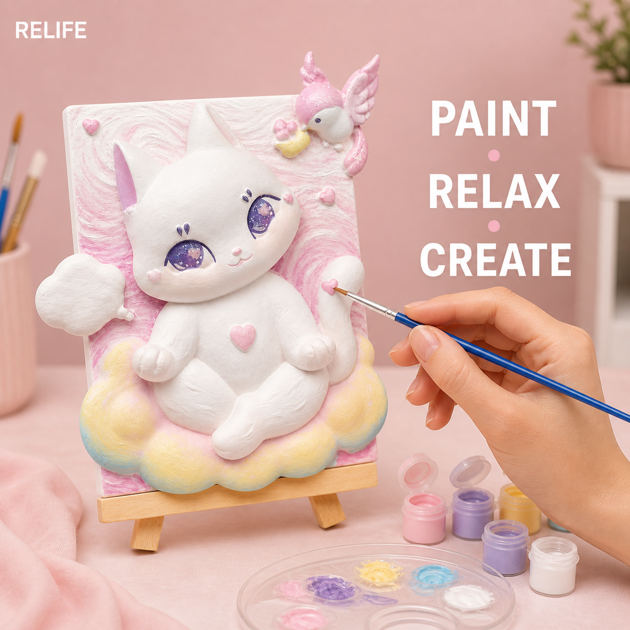 Painting the Cat Holding Cloud Book raised relief