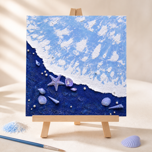 Ocean Shells Blue quartz sand painting on a wooden easel