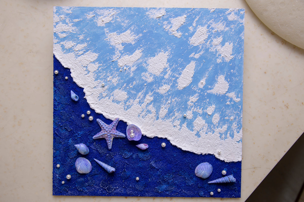 Ocean Shells Blue finished quartz sand artwork detail