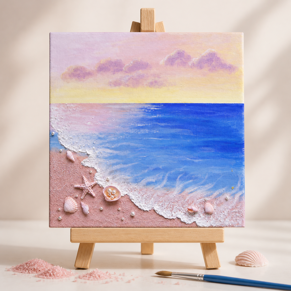 Ocean Shells Pink quartz sand painting on a wooden easel