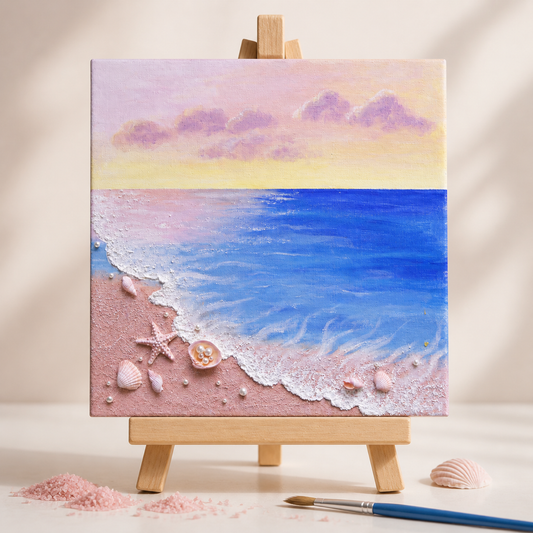 Ocean Shells Pink quartz sand painting on a wooden easel