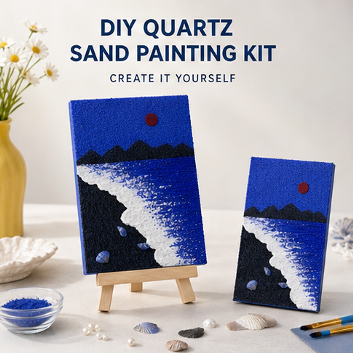 Quartz and Sand on table -Deep Blue Ocean styled product photo