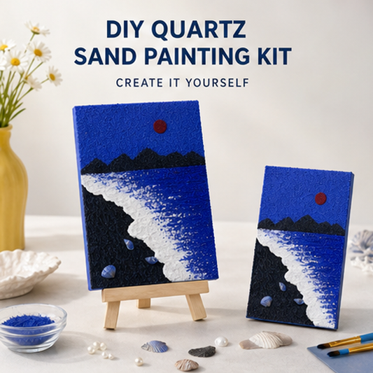 Quartz and Sand on table -Deep Blue Ocean styled product photo
