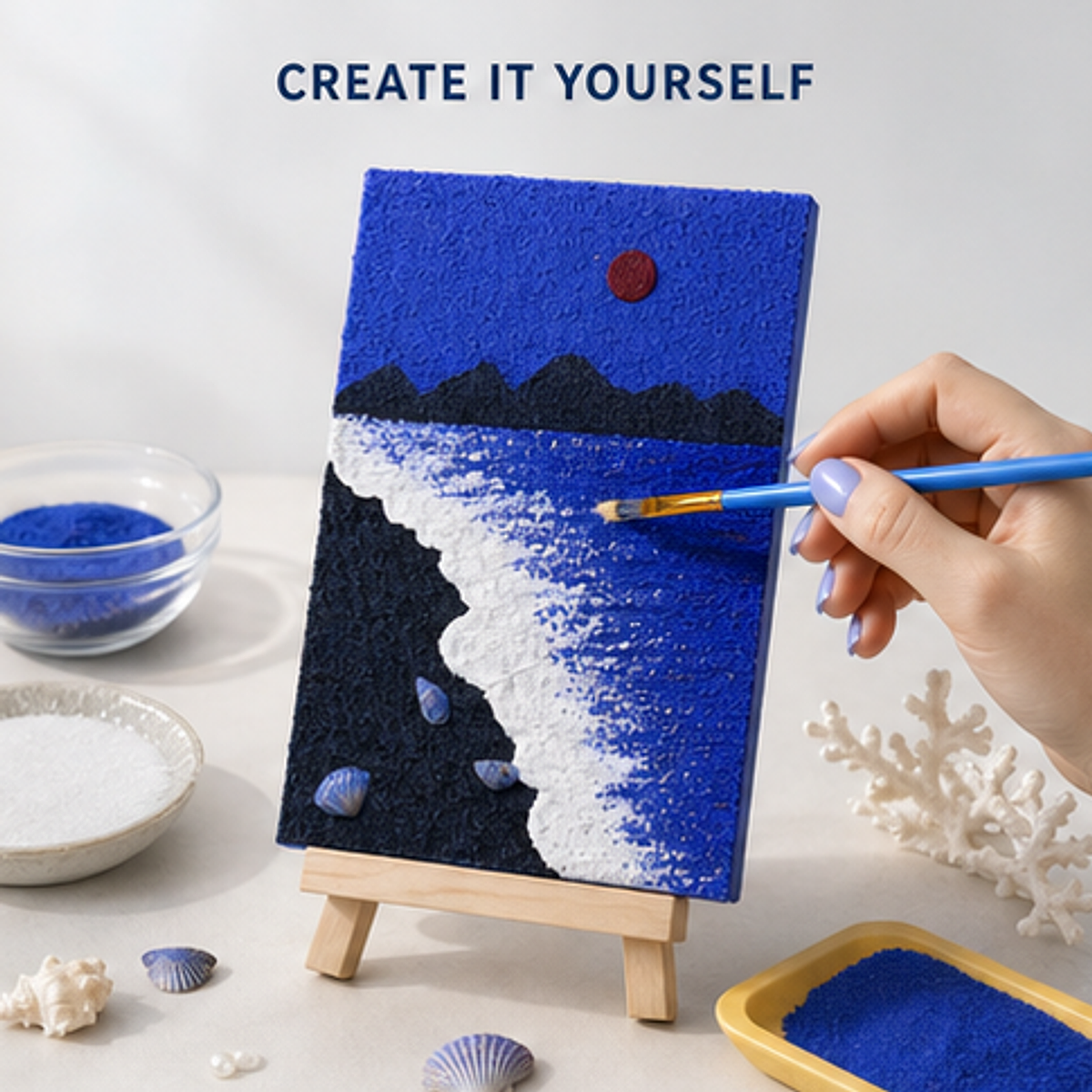 Quartz and Sand on table -Deep Blue Ocean hand painting process