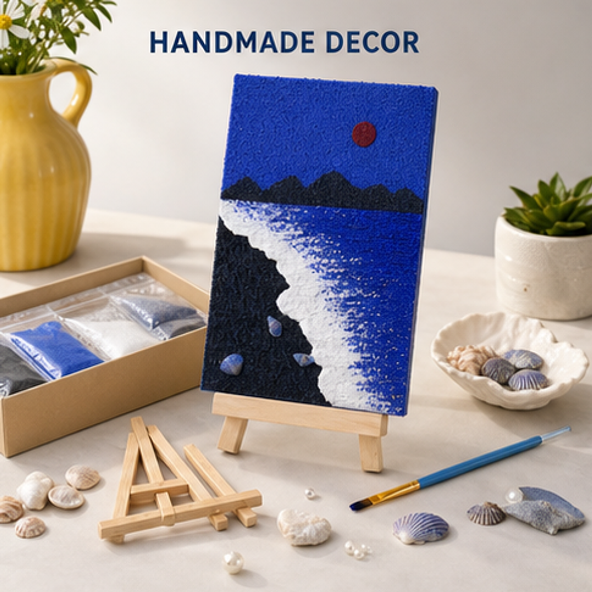 Quartz and Sand on table -Deep Blue Ocean DIY kit contents