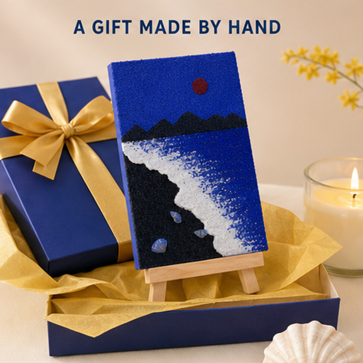 Quartz and Sand on table -Deep Blue Ocean gift presentation