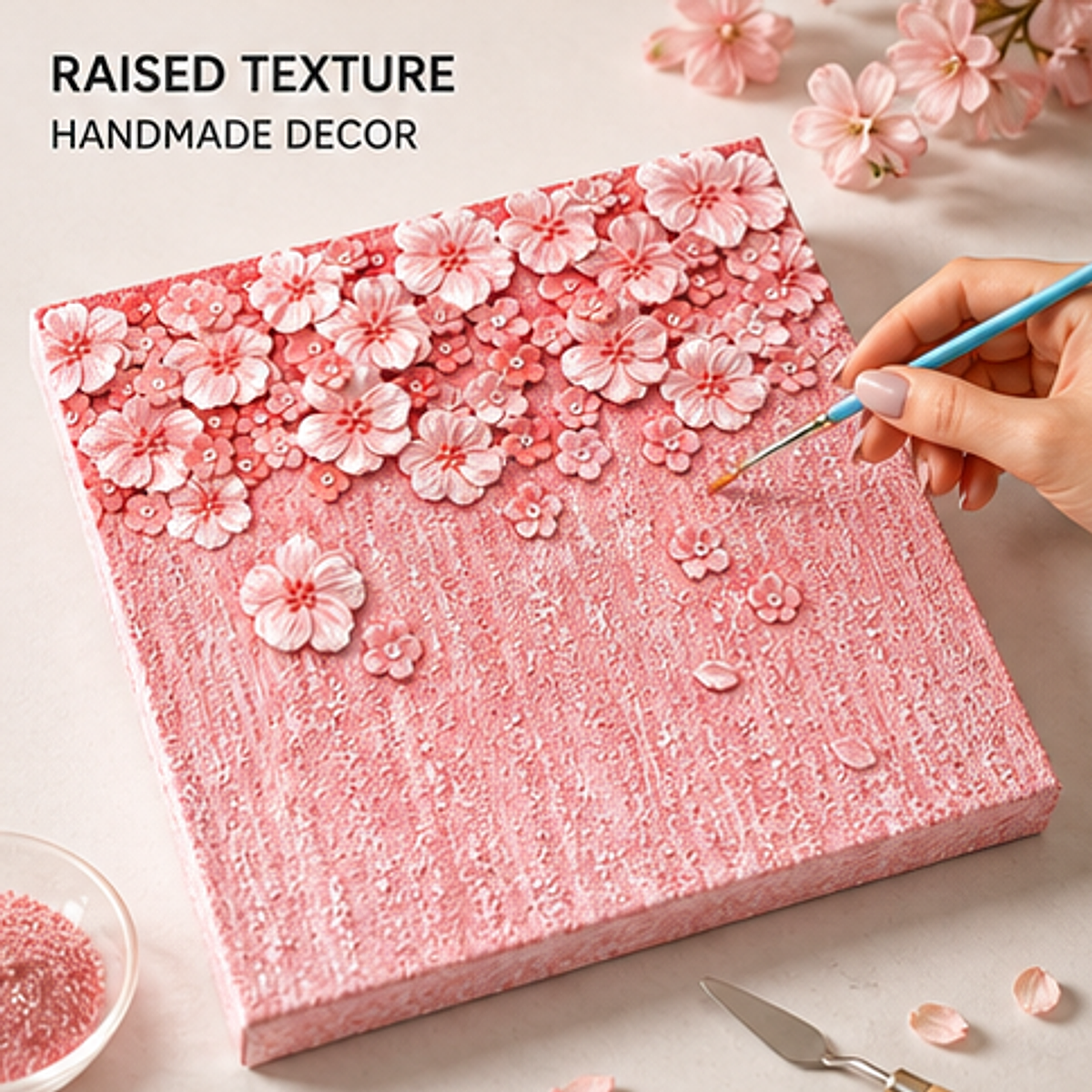 Quartz and Sand on table -Sakura Blossom hand painting process
