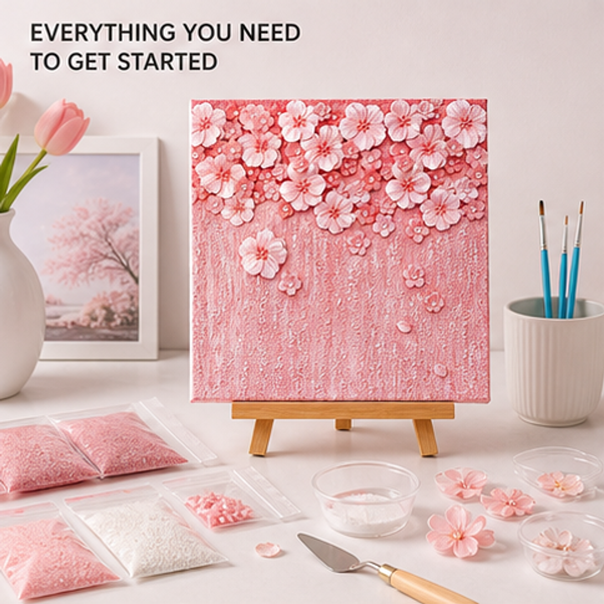 Quartz and Sand on table -Sakura Blossom DIY kit contents