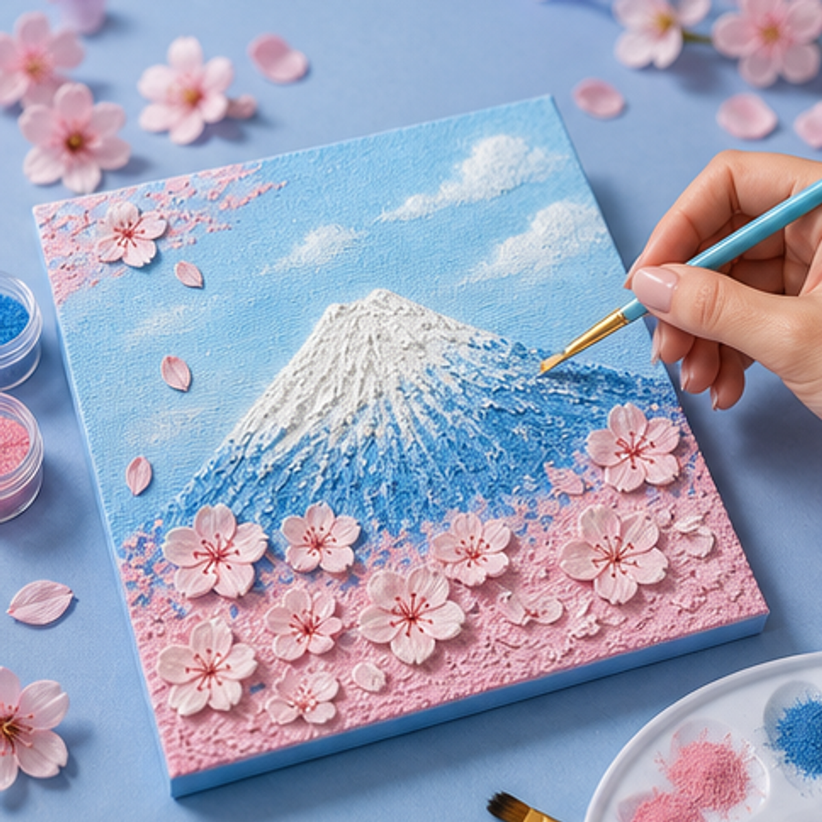 Quartz and Sand on table -Mount Fuji Cherry Blossoms hand painting process