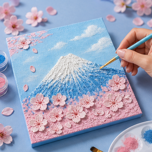 Quartz and Sand on table -Mount Fuji Cherry Blossoms hand painting process