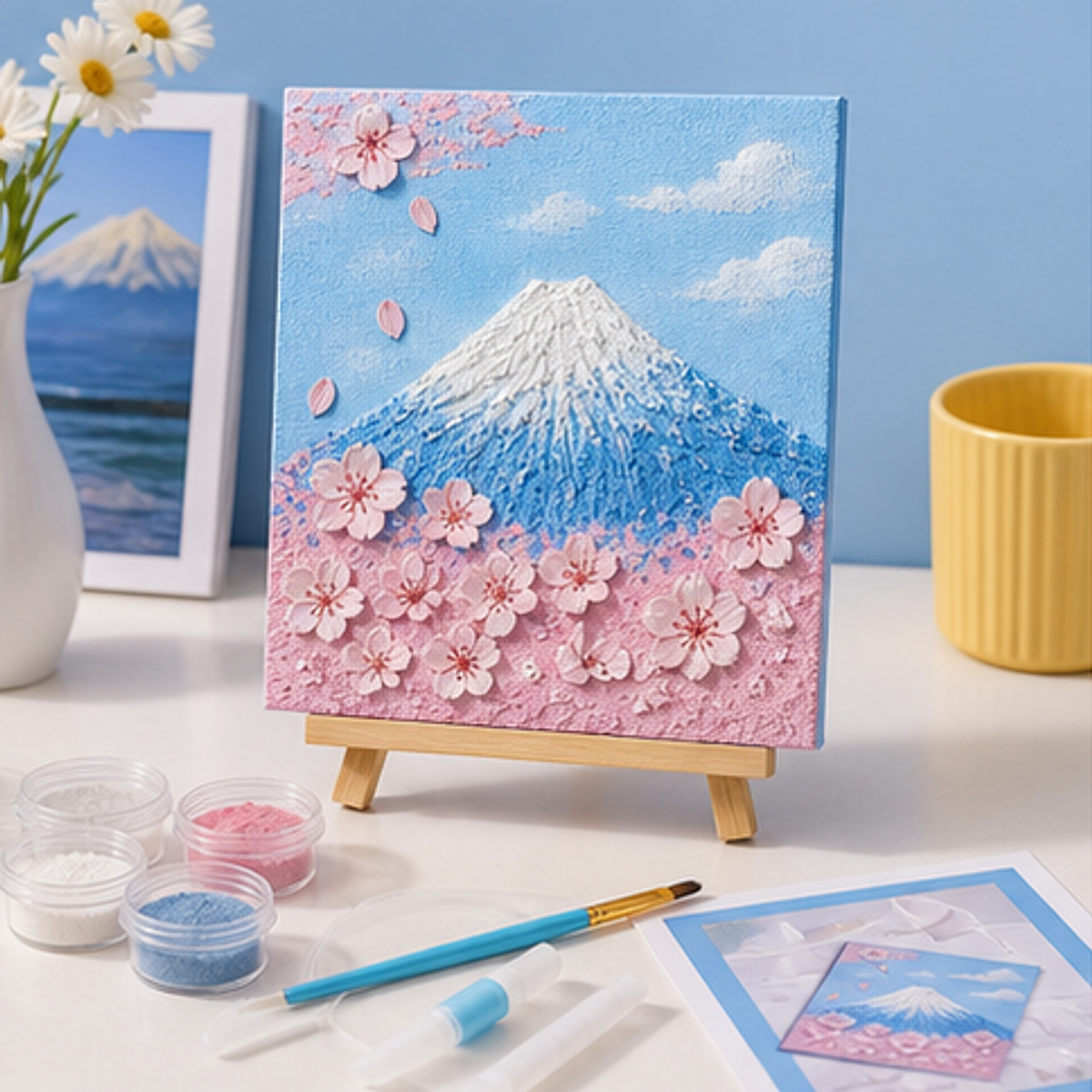 Quartz and Sand on table -Mount Fuji Cherry Blossoms DIY kit contents