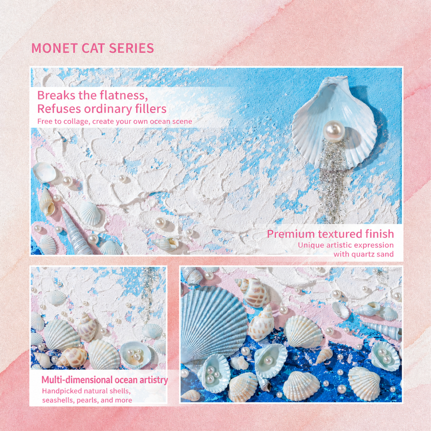 Quartz and Sand on table -Ocean Shells - Blue / Quartz and Sand on table -Ocean Shells - Orange / Quartz and Sand on table -Ocean Shells - Pink - English product image 58
