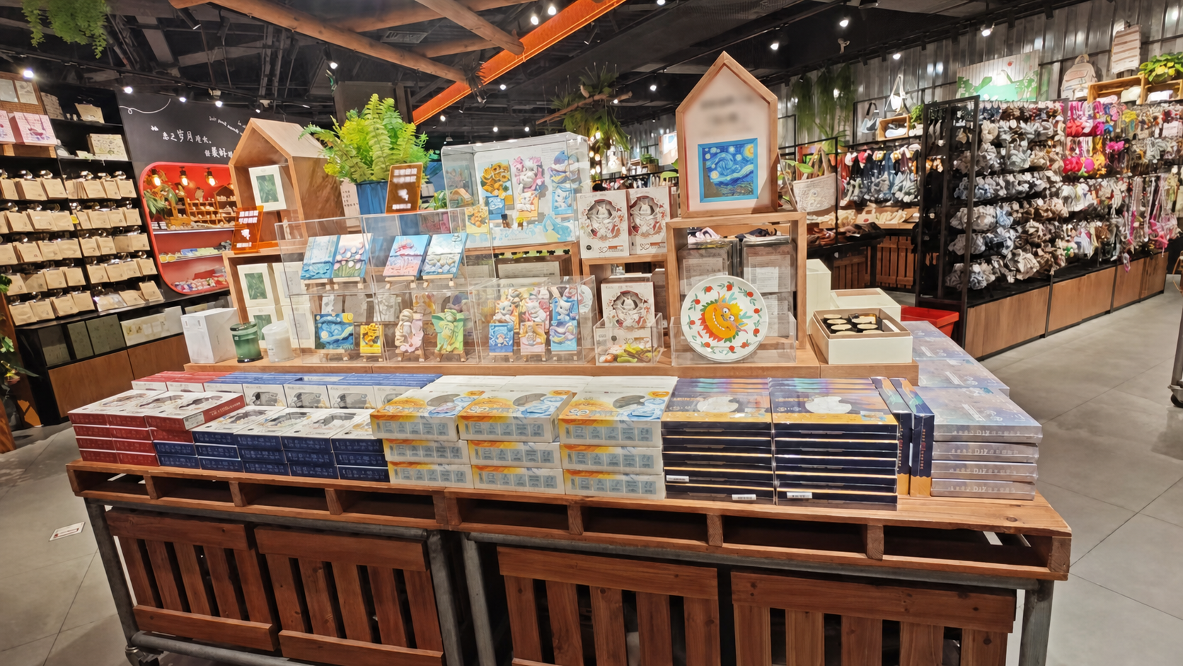 Relife kits arranged on a feature table inside a gift shop