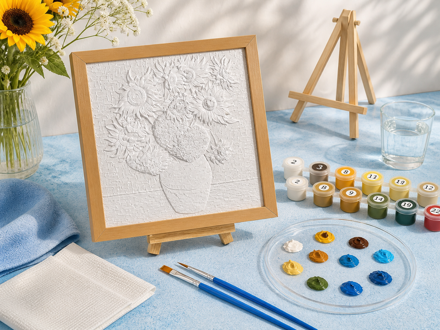 Unpainted sunflower relief artwork with paints and brushes