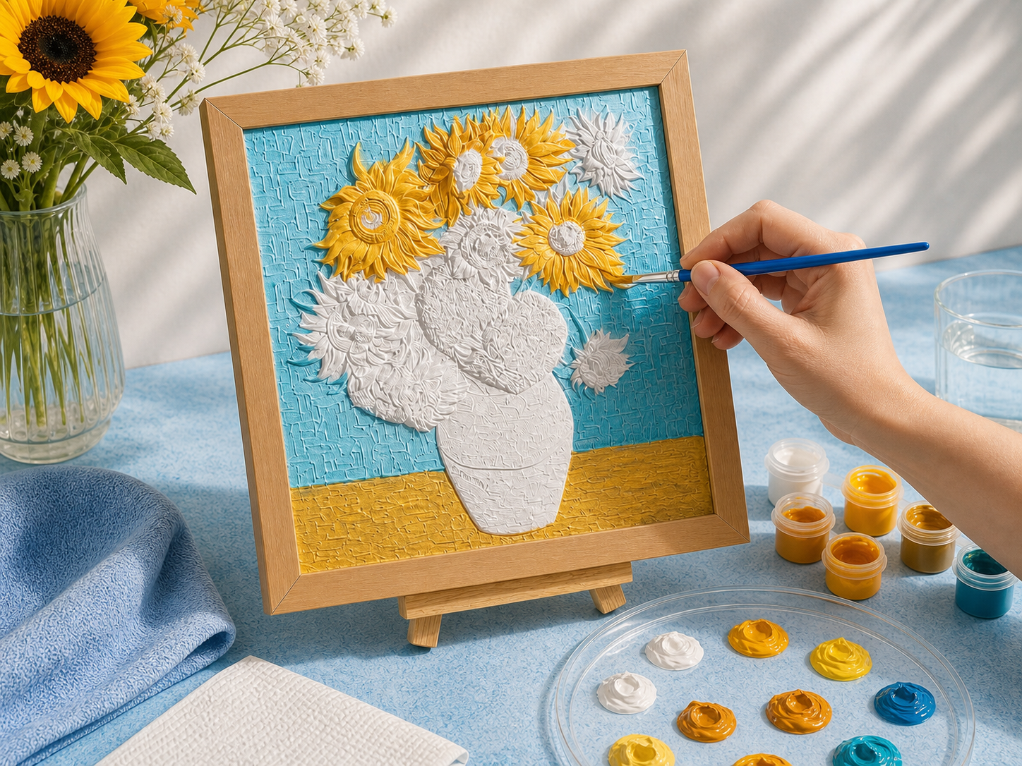 Sunflower relief artwork being painted by hand