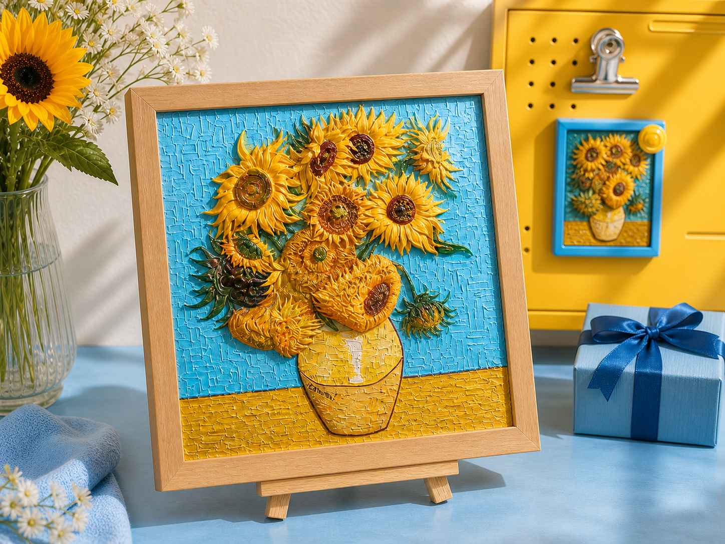 Completed sunflower relief artwork displayed on an easel