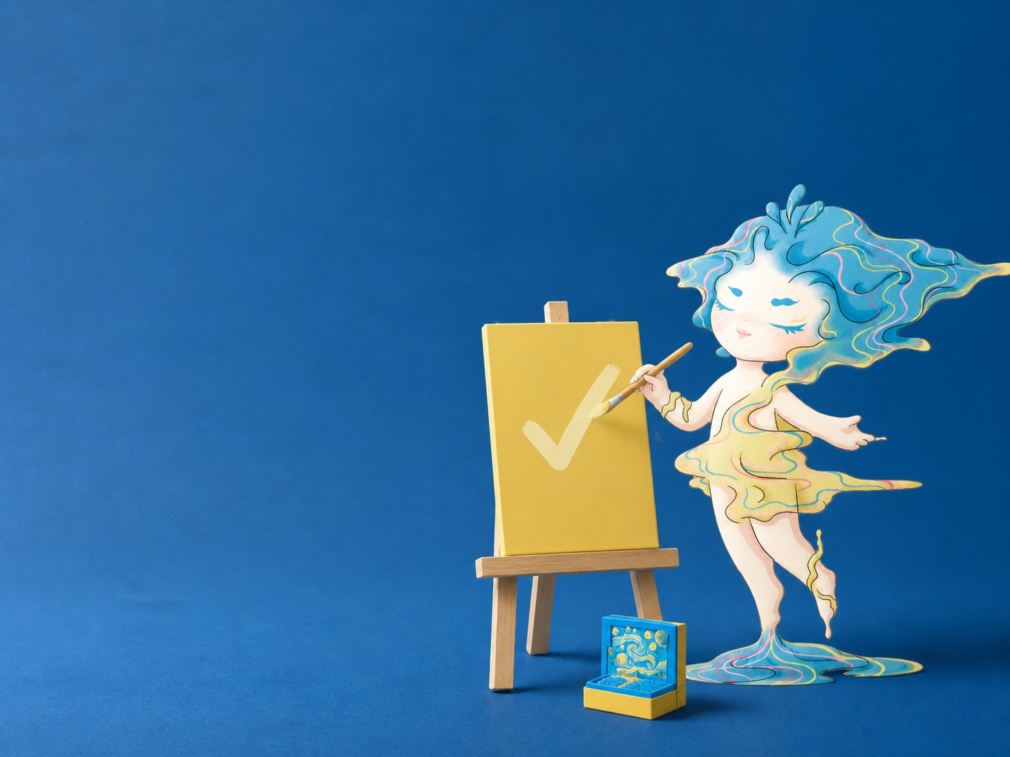 The Relife character painting an approval checkmark beside a relief art kit