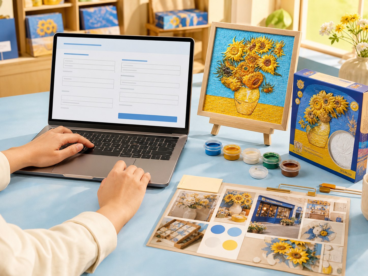 A shop owner submitting a wholesale application beside Relife relief painting kits