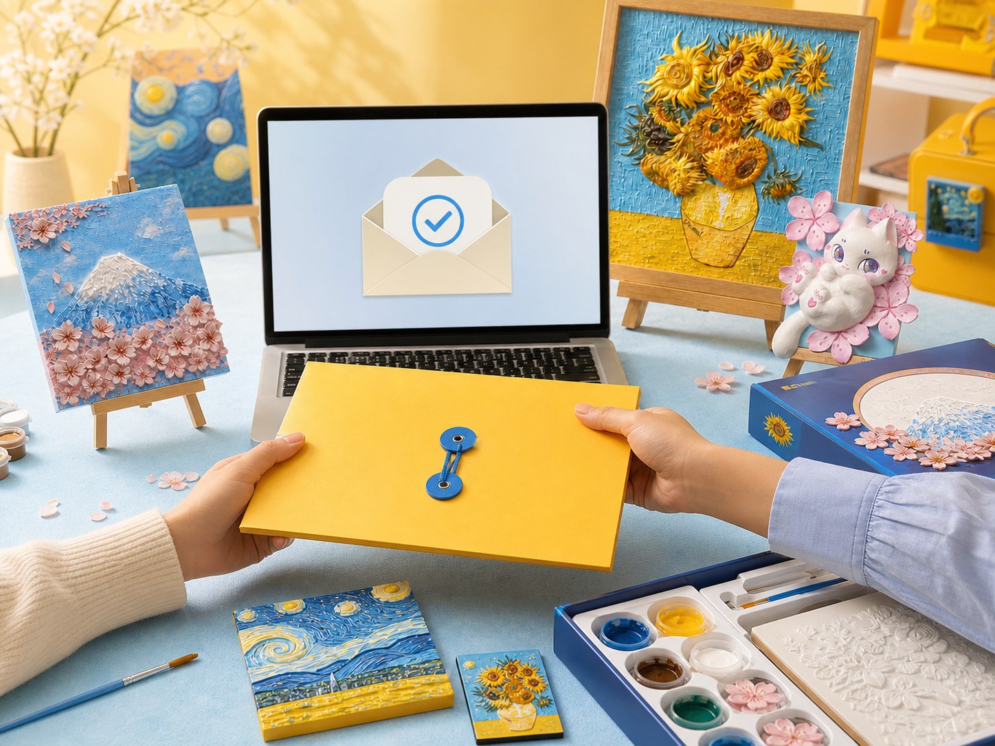 A wholesale approval email and welcome folder displayed with Relife art kits