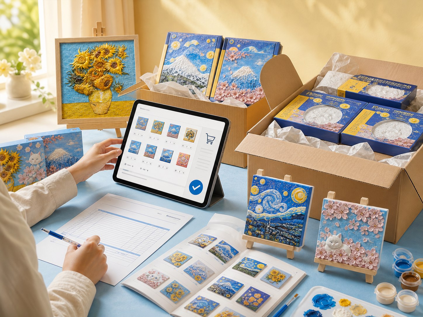A retailer placing a wholesale order beside cartons of Relife painting kits