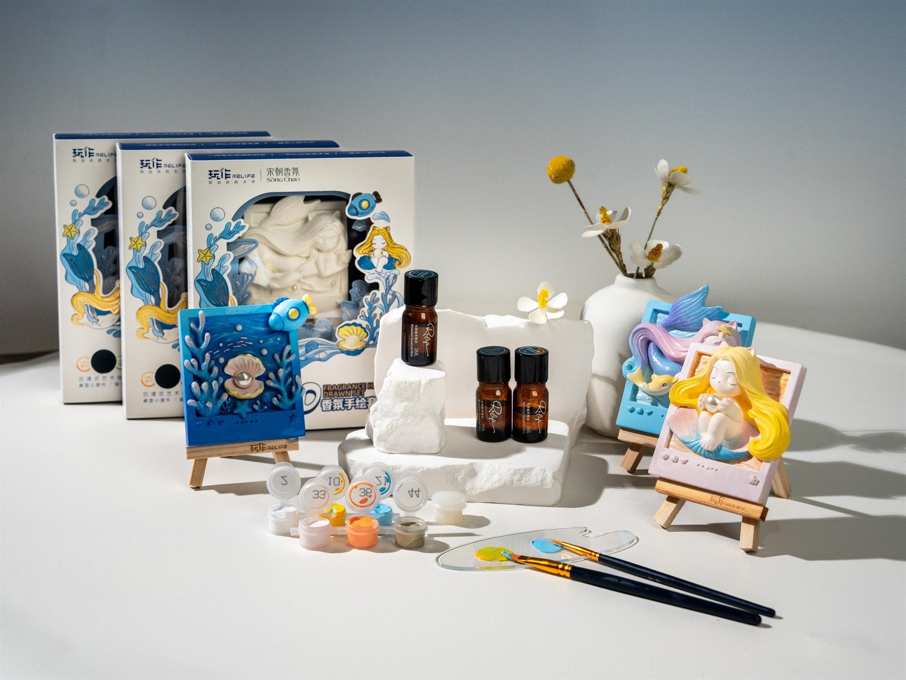 Relife artworks shown on mini easels in several display styles